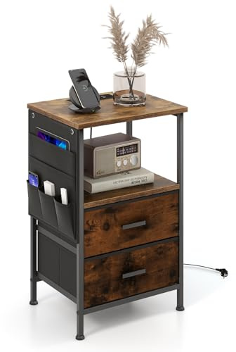 COSTWAY sängbord med laddningsstation, industriellt sidobord med 2 lådor och 6 sidofickor, nattskåp med USB-portar och uttag för sovrum, vardagsrum, 38 x 30 x 60 cm (1)