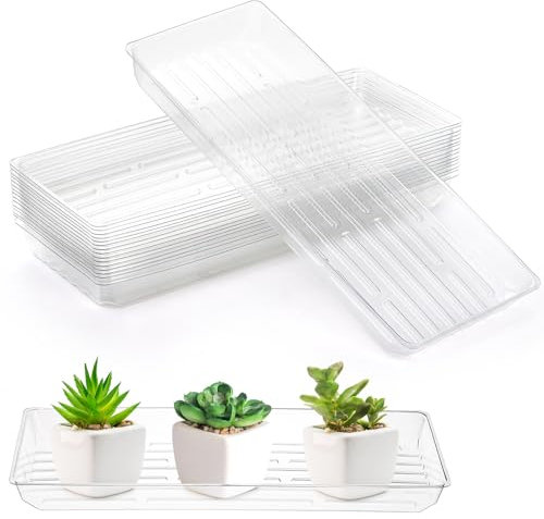 Kingrol Paquete de 16 bandejas rectangulares de goteo para plantas, platillos transparentes para interiores, bandejas de plástico grueso para alféizar de ventana para macetas