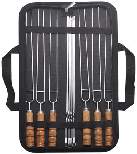WLDOCA Ensemble de 10 brochettes de Barbecue avec Sac de Rangement, 6 brochettes à Double Broche avec Manche en Bois et 4 Plates brochettes en Acier Inoxydable pour Griller