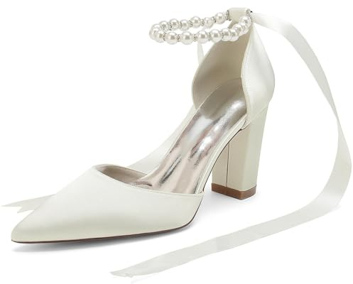 LVTFIYQX Scarpe da Sposa in Raso per Le Donne Décolleté da Sposa Bianco Avorio con Accento di Perla, Punta a Punta, Scarpe da Sera con Tacco Grosso perfette per Matrimoni da Sposa,Avorio,40EU