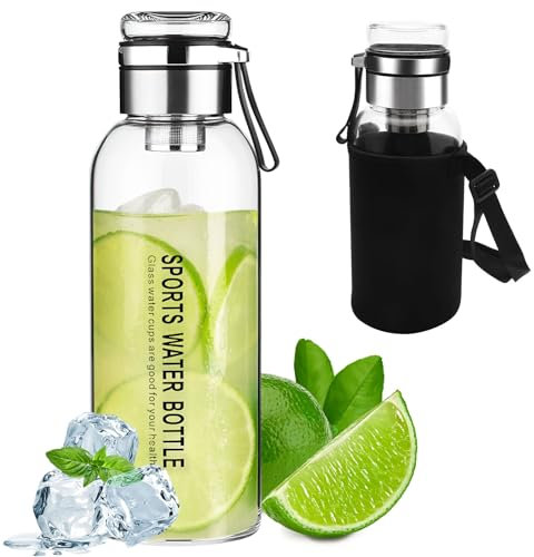 DAWRIS Glass Water Bottle 1 Litre Portable Borosilicate Glass Drinking Bottle Water Bottle With Filter Tea Infuser Bottle 1L Glass Bottle with Protective Sleeve for School Home Office Travel Sport