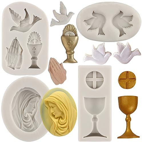 MYPRACS Molde de silicona para decoración de tartas de bautizo, copa de comunión, paloma de la paz, monja, molde de fondant para tartas de bautismo, decoración para cupcakes, dulces, chocolate, pasta