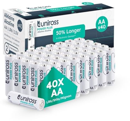 Uniross Lot de 40 Piles AA LR6 Alcalines 1.5V,Piles AA LR6 Haute Performance 7 Ans de Conservation, Piles AA jetables pour Jouet Manette, Réveil, Télécommande, Clavier Souris et Produits numériques