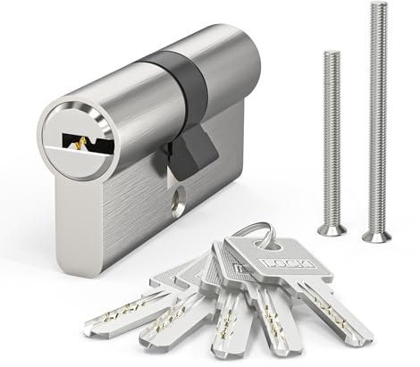 MANICAF Cylindre de serrure profilé 30/30, serrure à cylindre, double cylindre profilé avec 5 clés en laiton, cylindre européen en laiton satiné finition zinc avec trous transversaux