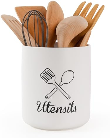 Autumnlife Utensilienhalter Keramik für Küche, 18 x 15,5 cm Große Küchenutensilien Relief Besteckhalter für Küche, Arbeitsplatte Aufbewahrung, Utensilien-Organizer, Eiskübel, Weiß