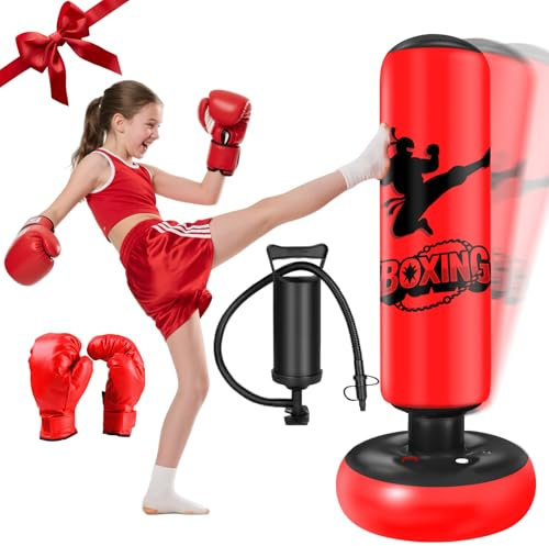 Punching Bag for Kids Ninonly 160cm Inflatable Kids Punching Bag with Boxing Gloves Stable Free Standing Punch Bag for Practicing Karate, Taekwondo, MMA, Birthday Gifts for Boys & Girls Age 3-12 Red