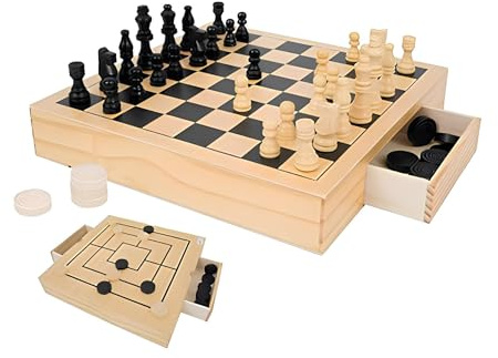Gioco Scacchi Dama Tria in Legno 3in1 Scacchiera in Legno Pedine in Legna con Cassetti Estraibili Porta Pezzi e Pedine Chess Checkers Tria Board Set Scacchiera Scacchi Dama e Tria per Bambini e Adulti