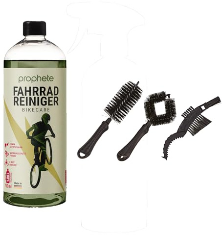 Prophete Juego de limpiador de bicicleta eléctrica de 750 ml + juego de 3 cepillos para limpieza de cuadro y rueda, cuidado suave y limpieza eficaz para bicicletas eléctricas, MTB y bicicletas de