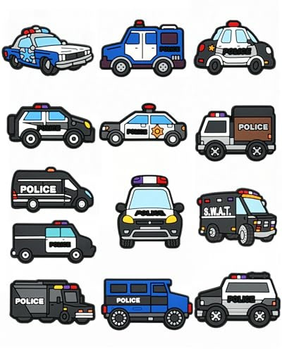 tikono 12pcs Police Car Shoe Decoration Charms, PVC Material, DIY Decorations for Clogs and Sandals, Versatile Craft Accessories for Party and Dance