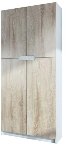 Vladon Büroschrank Logan V1, Made in Germany, Aktenschrank mit 5 Fächern und 4 Türen, Weiß matt/Eiche sägerau (82 x 185 x 37 cm)