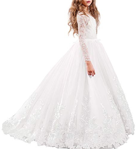 OBEEII Bambina Abito in Pizzo a Maniche Lunghe Elegante Vestito da Principessa Cerimonia Sera Sposa Prima Comunione Damigella Bambina Cocktail Prom per Ragazze 8-9 Anni Bianco