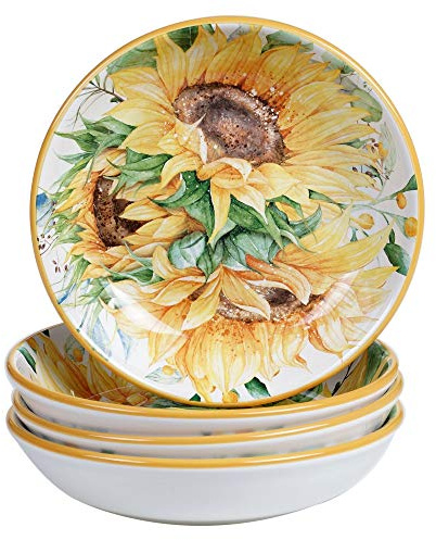 Misc Sunflower Fields 9-inch Soup/Pasta Bowls (Set of 4) Multi Color White Yellow Floral Farmhouse Modern Contemporary Round 4 Piece Dishwasher Safe Microwave