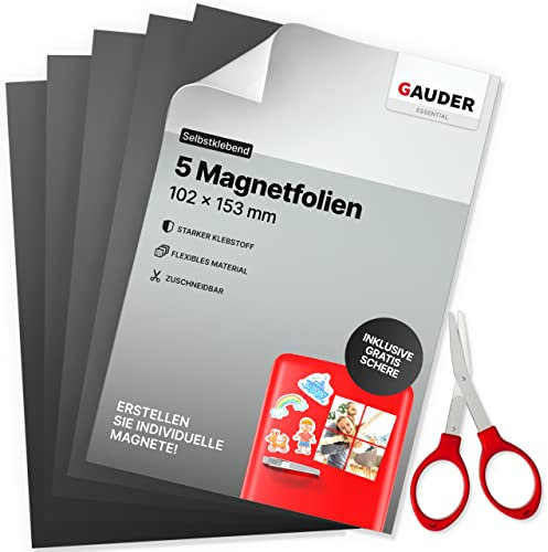 GAUDER Foglio Magnetico Autoadesivo - Pellicola Magnetica Ritagliabile per Foto, Fai-da-te e Cartelli - Magnete Adesivo per Casa, Scuola e Ufficio (5 pezzi - 153 x 102 mm)