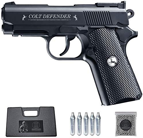 Ecommur. Colt Defender Full Metal | Pistola de perdigones (Bolas BB's de Acero) de Aire comprimido semiautomática 4,5mm + maletín + balines y CO2