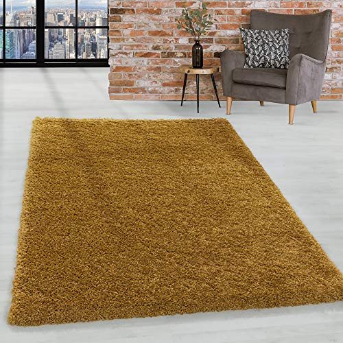 Homebyhome Shaggy Matta 60x110 cm Guld, Hög Lugg, Enfärgad Design för Hall, Entré, Sovrum eller Mindre Utrymmen