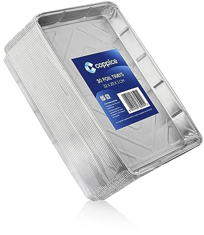 Coppice 30 Foil Trays – Disposable Aluminium Trays for Baking, Roasting, BBQ & Food Storage | 32 cm × 20 cm × 3 cm | Oven, Air Fryer, Freezer & Microwave Safe | 30 Pack Aluminium Foil Containers