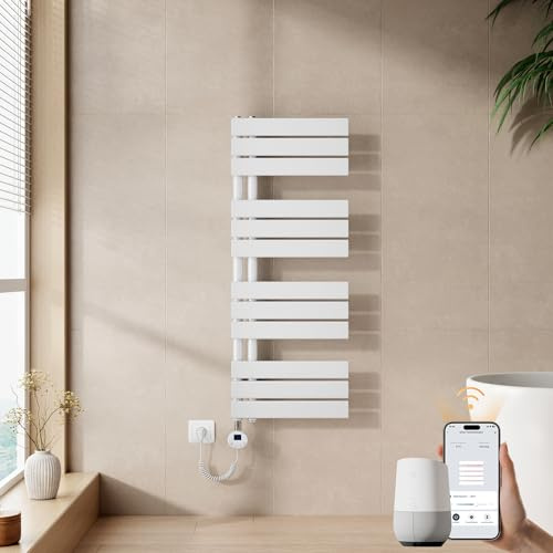 EMKE Seche Serviette Electrique 1041 x 400 mm, Porte-Serviettes Chauffant avec WiFi Thermostat, Chauffe Serviette Salle de Bain Blanc 400 W,Sèche Serviette électrique