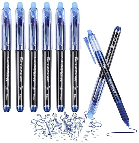 Surcotto 6pcs Erasable Pens Black, Friction Pens with Rubber, Rub Out Pens with Eraser, Eraser Pen for Kids Adults School Writing Office Stationary Supplies
