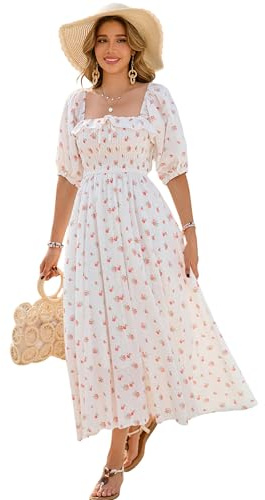 R.Vivimos Donne Abito Casual Bohémien Mezza Manica Scollo Quadrato Floreale Vestito Lungo Midi Elegante da Spiaggia(XL,Bianco#1-Floreale)