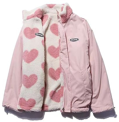 Sumleno Women's Fleece Sherpa Jackets Reversible Kawaii Heart Print Fuzzy Zip Up Cutecore Coats Aesthetic Y2k Gyaru Clothes (Pink,2XL)