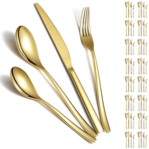 Berglander Juego de cubiertos de oro 48 piezas para 12 de acero inoxidable chapado en titanio dorado, juego de cuchillos de cucharas de oro para el hogar, boda, restaurante, hotel