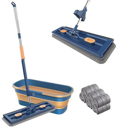 Mocio Piatto Grande e Secchio Scalabile Set, Mocio per Pulizia Rotante a 360° con Raschietto, Mocio Asciutto e Bagnato per la Pulizia di Pavimenti in Legno Duro, Piastrelle, Laminato,Blu