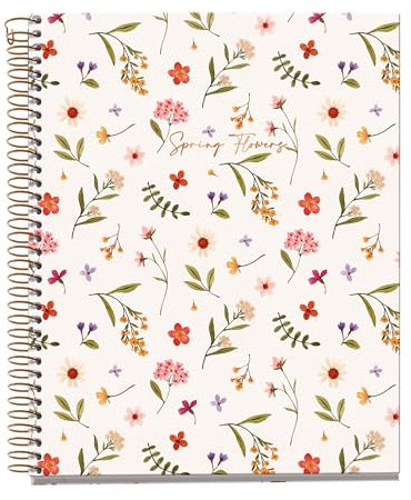 Miquelrius - Notebook A5 (148 x 210 mm), kariert 5 mm, 120 Blatt 70 g/m², Einband aus Pappe cremefarben, 4 farbige Streifen, Kupferspirale, Kollektion Spring Flowers, Blumen