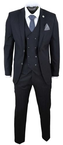 Costume Homme 3 pièces Style Rayures Fines Coupe ajustée avec Gilet Croisé - Noir 52