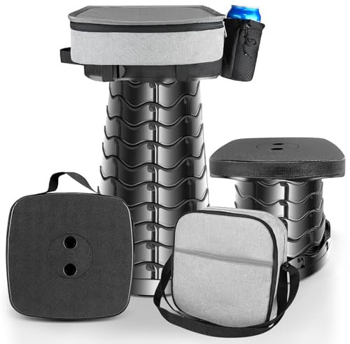 HOVIBU Tragbarer Klapphocker mit Kissen und Getränkehalter, Teleskophocker Tragfähigkeit 485lb, Leichte Campinghocker, Faltbarer Hocker Stabil Höhenverstellbar für Outdoor-und Drinnen-Aktivitäten
