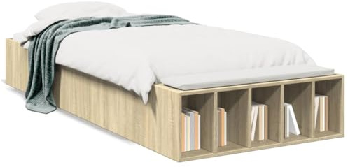 IKAYAA Marco de Cama 90 x 200 cm con Espacio de Almacenamiento Estructura Cama Madera 90 x 200 cm Cama Juvenil Base de Colchón Plataforma Roble Sonoma