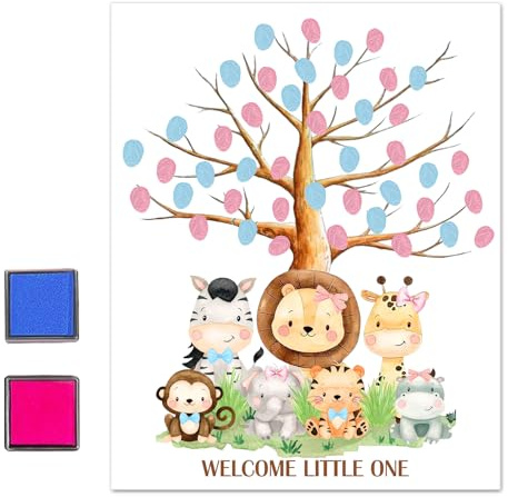 Árbol de huellas dactilares para fiesta de revelación de género, árbol de hojas con huellas dactilares para revelación de género, libro de visitas para baby shower, libro de visitas con huellas