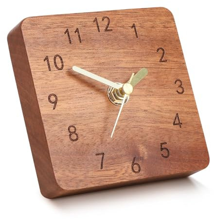 TEYCLZORE Wooden Desk Clock, 4 Small Analog for Shelf, Table, Office Decorative, Silent Non-Ticking Battery Operated, Modern Mantel With Square Design