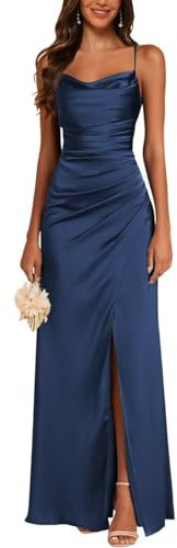 JAEDEN Satin Brautjungfernkleid Spaghettiträger Ballkleider Lang mit Schlitz Meerjungfrau Falte Abendkleider Marineblau 40