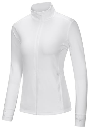 Outdoor Ventures Veste de course pour femme, col montant, veste de sport, manches longues, veste de survêtement légère et respirante, sans capuche, avec trou pour les pouces et poche, pour la course
