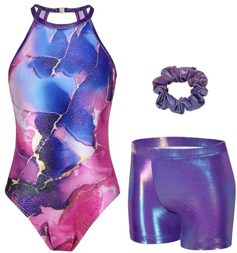 Zaclotre Girls Dance Leotards Sparkly Sleeveless Activewear Leotard Gymnastics Outfit with Shorts Purple Marble 7-8Y