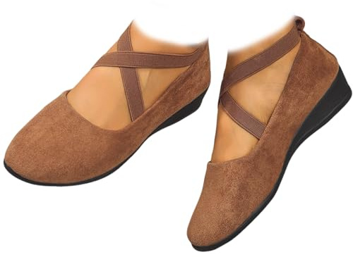 Whimsyard Elegantes, monocolor Bailarinas con tacón bajo en forma de cuña y banda elástica, Bailarinas cerradas ortopédicas de ante con soporte para el arco del pie para mujer (Marrón, 36)