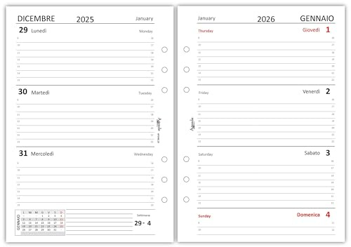 Agendepoint.it - Bi-språk veckoplanerare ersättning 15 x 21 cm A5 6 hål - 90 gram vit - 2026