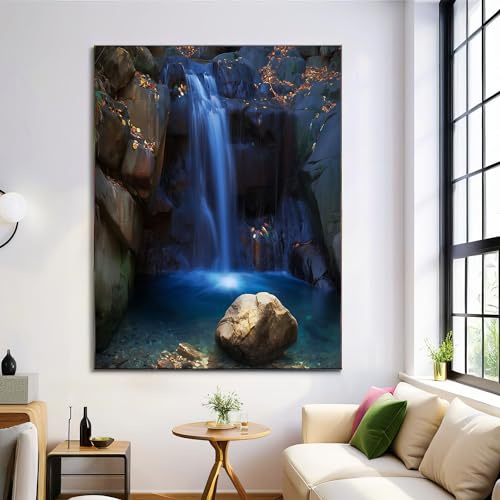 Arte En Lienzo Para Sala De Estar 60×80 cm,Rocas Cascadas, Cuadros Impresos, Naturaleza Paisaje Decoración De Dormitorio Estética, Azul Obras Arte En Pared Para Oficina Y Comedor