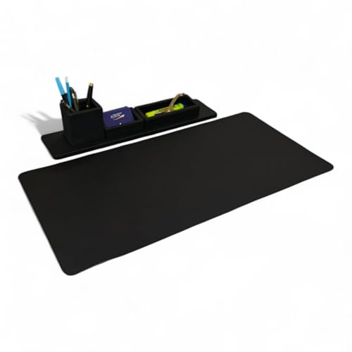 Oggettando Set de Escritorio de Eco Piel PU Negra, Organizador 3 en 1 a Encaje con Vaso Porta Bolígrafos, Porta Tarjetas, Porta Objetos de Oficina y Hogar, Alfombrilla de Escritorio 70x35 cm (PU Negro