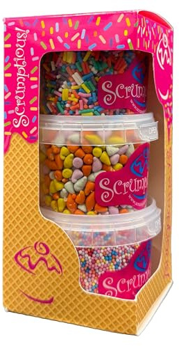 Scrumptious! - Trio - Ice Cream Favourites Edible Cake Topper Sprinkles Cupcake Decorations - 1x70g Fun Chips, 1x80g Matt Rainbow Strands, 1x90g Multicoloured 100s and 1000s in a Box