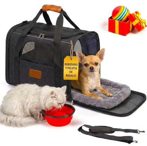 NICEOWL® Transportin Gato | Plegable y Reforzado con Cama, Bebedero y Juguete de Regalo | Transportin Perro | 47cm x 35cm x 32cm | Viaje Cómodo y Seguro | Bolsa de Transporte Portátil con Ventilación