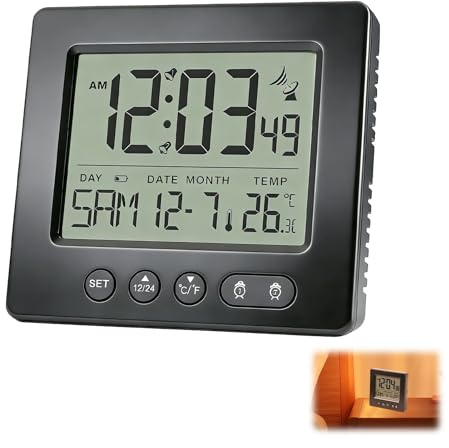 Digitaler Funk Wecker, Funkwecker mit 2 Weckzeiten Thermometer Funkuhr 5-Minuten Snooze Wochentag Datumsanzeige Weckwiederholung Einstellbare Zeitzonen Temperaturanzeige Automatische Zeit Schwarz