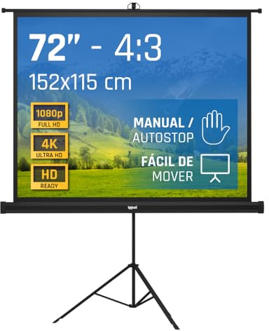 iggual Pantalla de Proyección 72” con Trípode de Acero - Enrollable Manual- Portátil con Bolsa- 4:3- Tela Blanca Mate de 4 Capas y Trasera Negra- Auto-Stop Ajustable- Compatible 4K Full HD (152x115cm)
