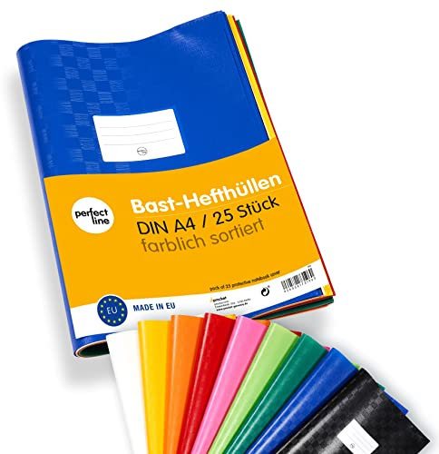 perfect line 25 Bast-Hefthüllen DIN-A4, 9 Farben, Heftumschlag mit Beschriftungsetikett, Heftschoner aus recycelbarem PP, dokumentenecht (1 x 25 Stk.)