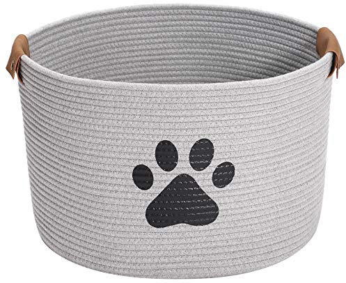 Geyecete-Tondo Cestino portaoggetti per giocattoli per cani intrecciato in corda di cotone,Con manico in pelle,Portatile Cesto portaoggetti per giocattoli et vestiti/accessori per cane/gatti-Grigio
