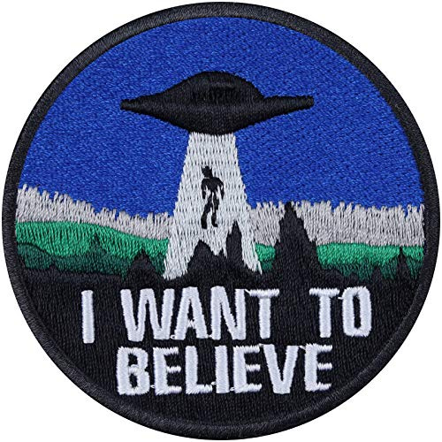 UFO tygmärke alien påstrykning lapp I want to Populve roliga strykbilder att sy på | Conspiracy sci-fi biker applikation för jackor/läder/jeans/väskor | 75 x 75 mm