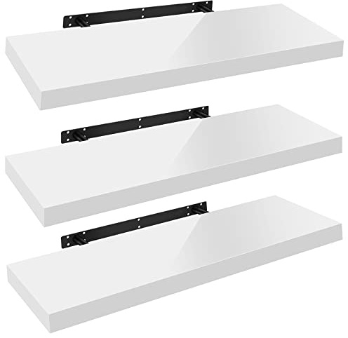 WOLTU Mensola da Muro, Set di 3, Scaffale Sospeso da Parete Libreria Piccola per Soggiorno Cameretta Porta CD DVD, Pannello MDF 90x22,9x3,8cm, Bianco, RG9481ws-3