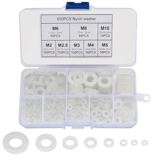 650 Pcs Nylon washers, White Flat Plastic Spacers Washers, Assorted Round Tap Seals Gaskets Rings Washers for Plumbing, Screws Bolts, 5-20mm, M2/M2.5/M3/M4/M5/M6/M8/M10