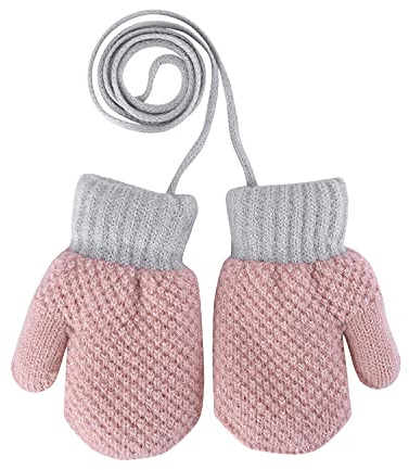 Kids Toddlers Thermal Gloves Mittens Winter Warm Thick Knitted Gloves with String Fluffy Full Finger Mittens Baby Fleece Lined Gloves Hanging Neck Mittens with Anti-Lost String for Boys Girls Age 1-4