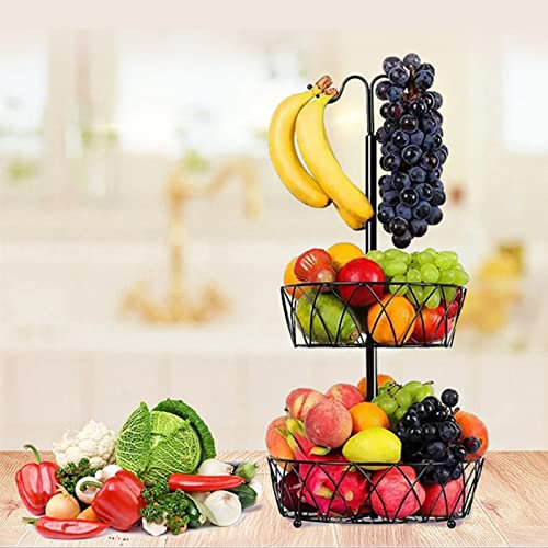 ZHDOKA Corbeille à fruits à 2 niveaux, bol à fruits en métal noir avec cintre à banane, panier à pain, support à fruits, plateau à fruits pour pain, oignons, pommes de terre